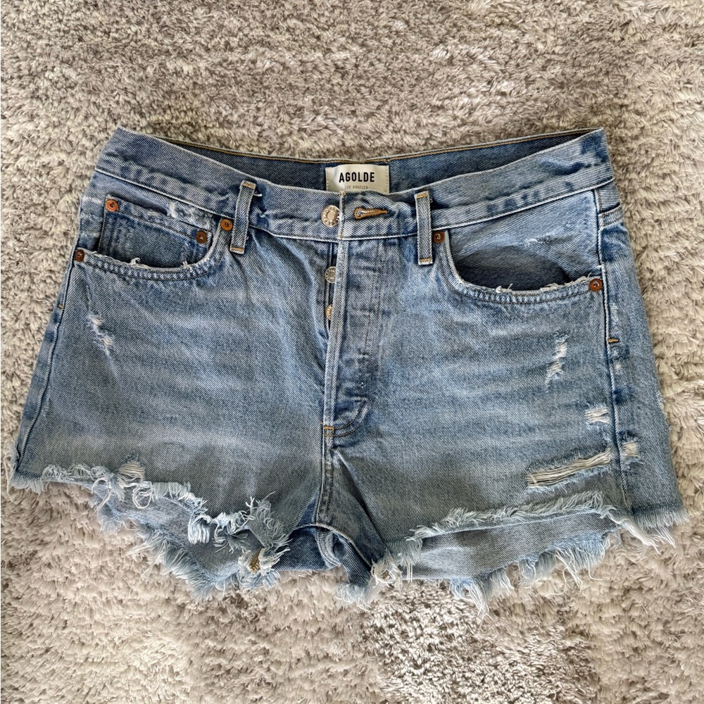 Agolde Faded Blue Frayed Jean Shorts